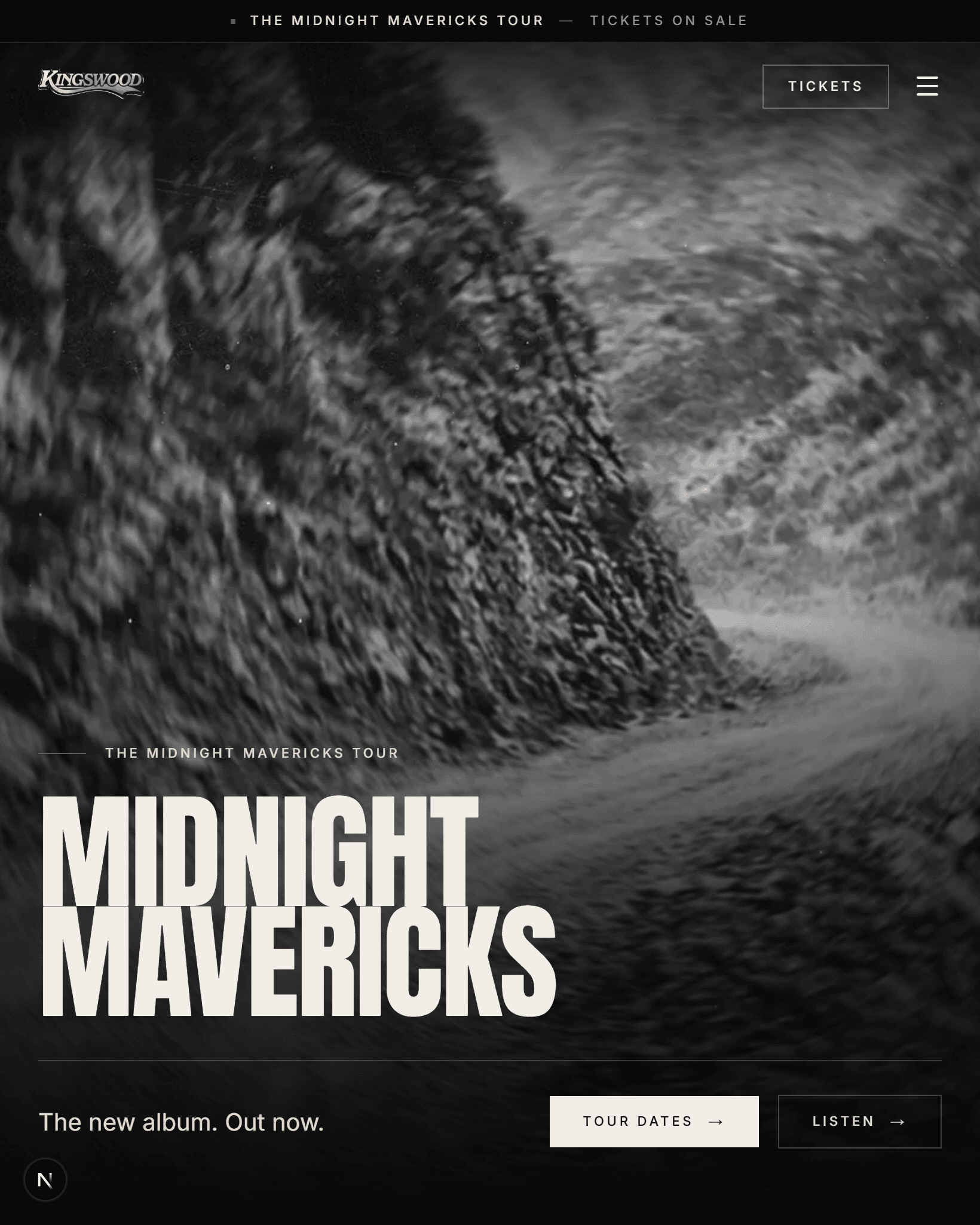 The Kingswood website at tablet size: Midnight Mavericks album hero with tickets bar, tour dates and listen actions