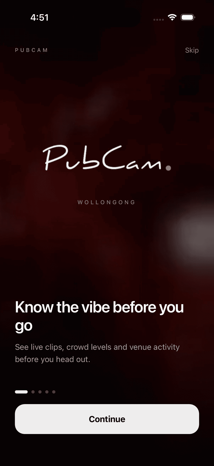 PubCam's opening screen: the wordmark over a darkened venue clip, headed “Know the vibe before you go”