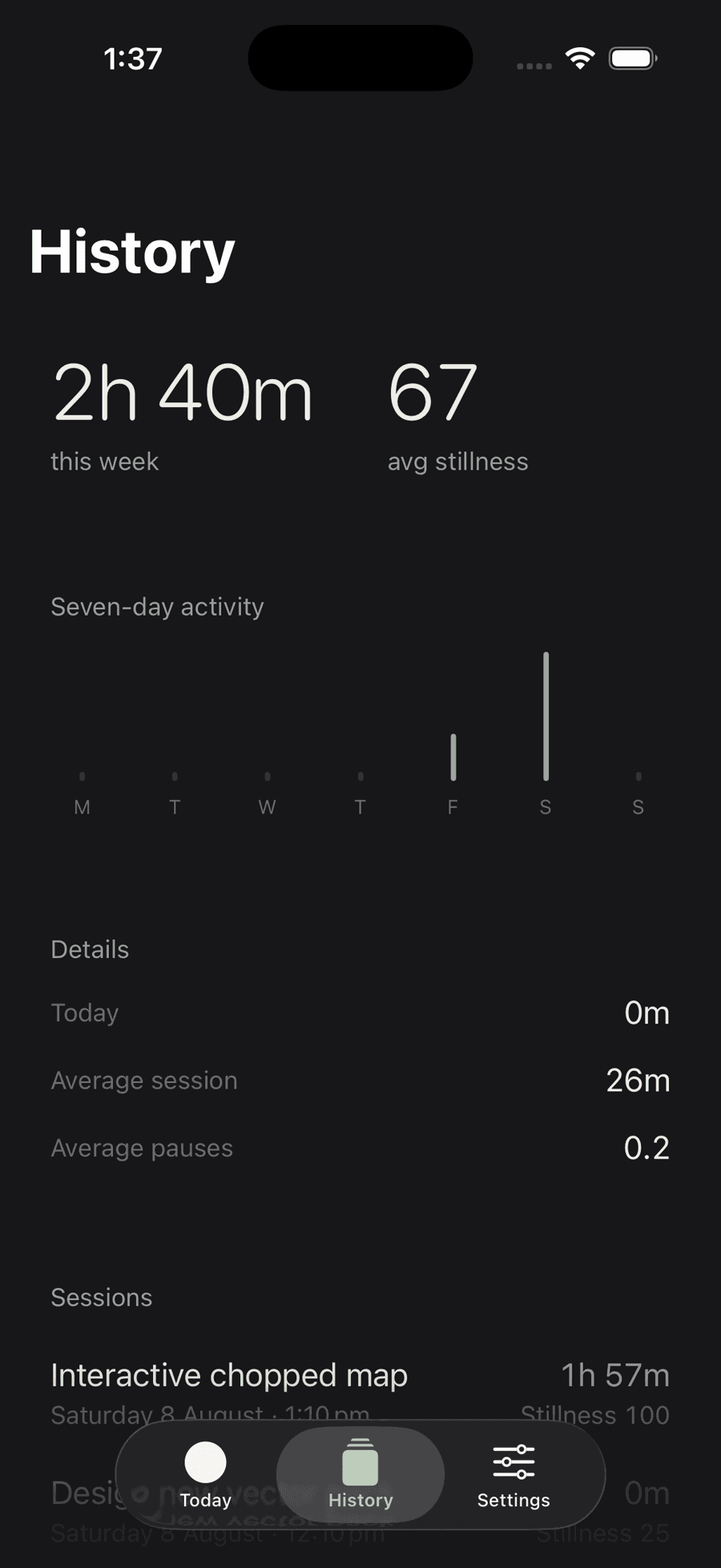 Still's history screen showing hours protected this week, average stillness, a seven-day chart and a list of named sessions