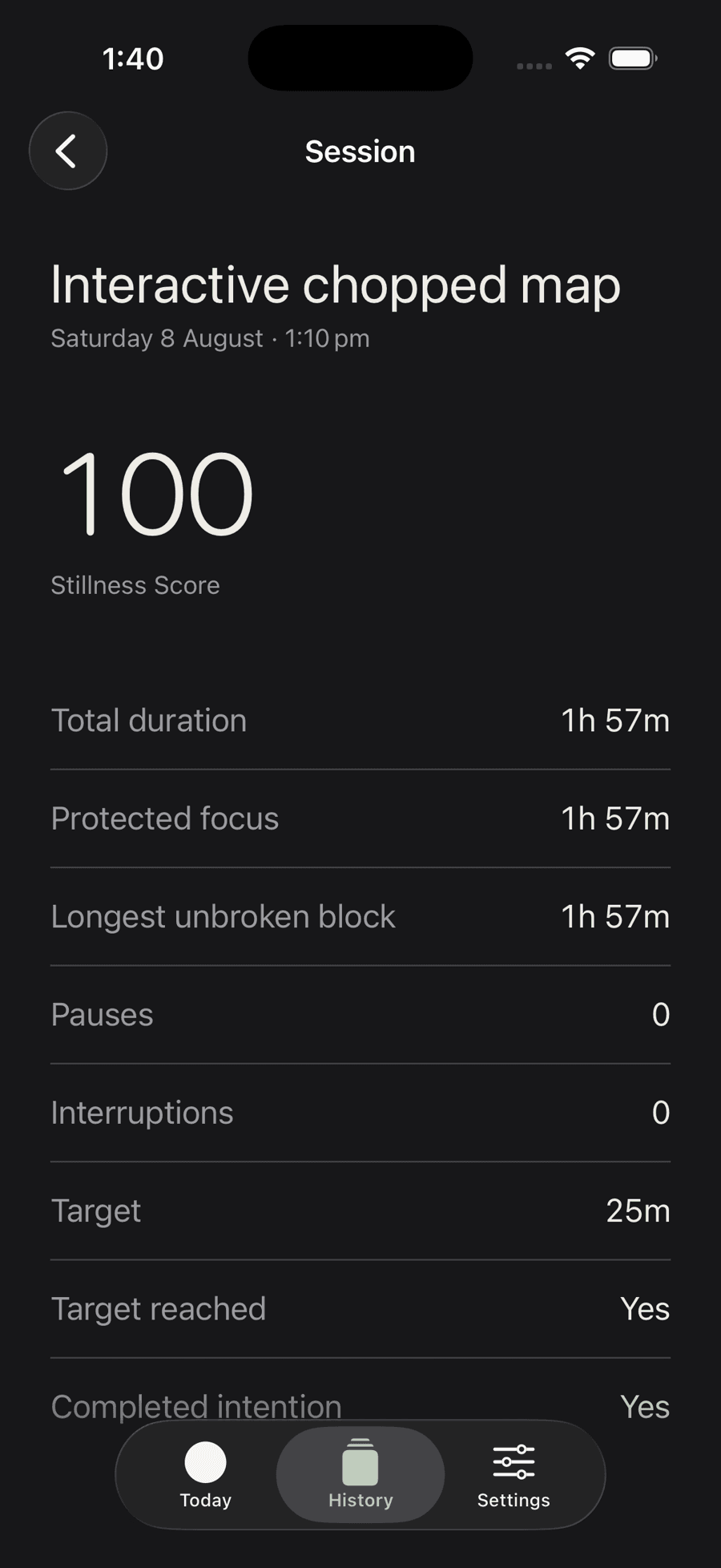 A completed Still session scored 100, listing total duration, protected focus, longest unbroken block, pauses and interruptions