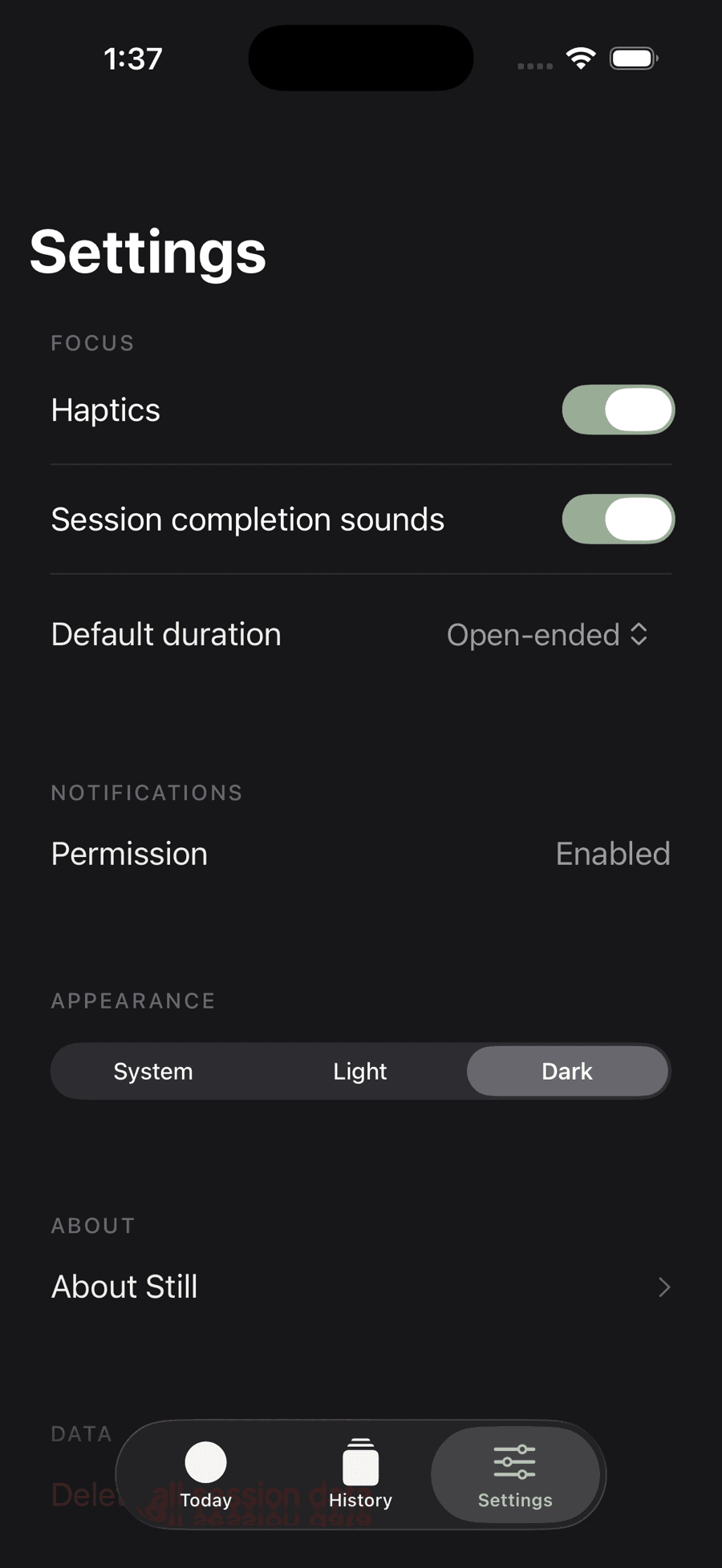 Still's settings screen with haptics, completion sounds, default duration, notification permission and appearance options