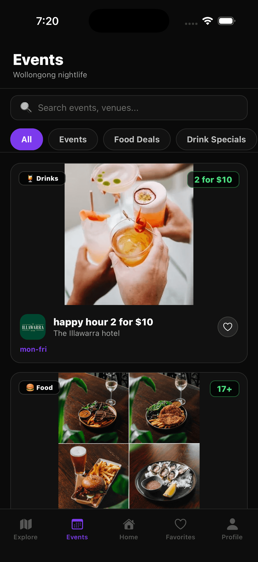 PubCam events screen listing happy hours, food deals and drink specials posted by Wollongong venues