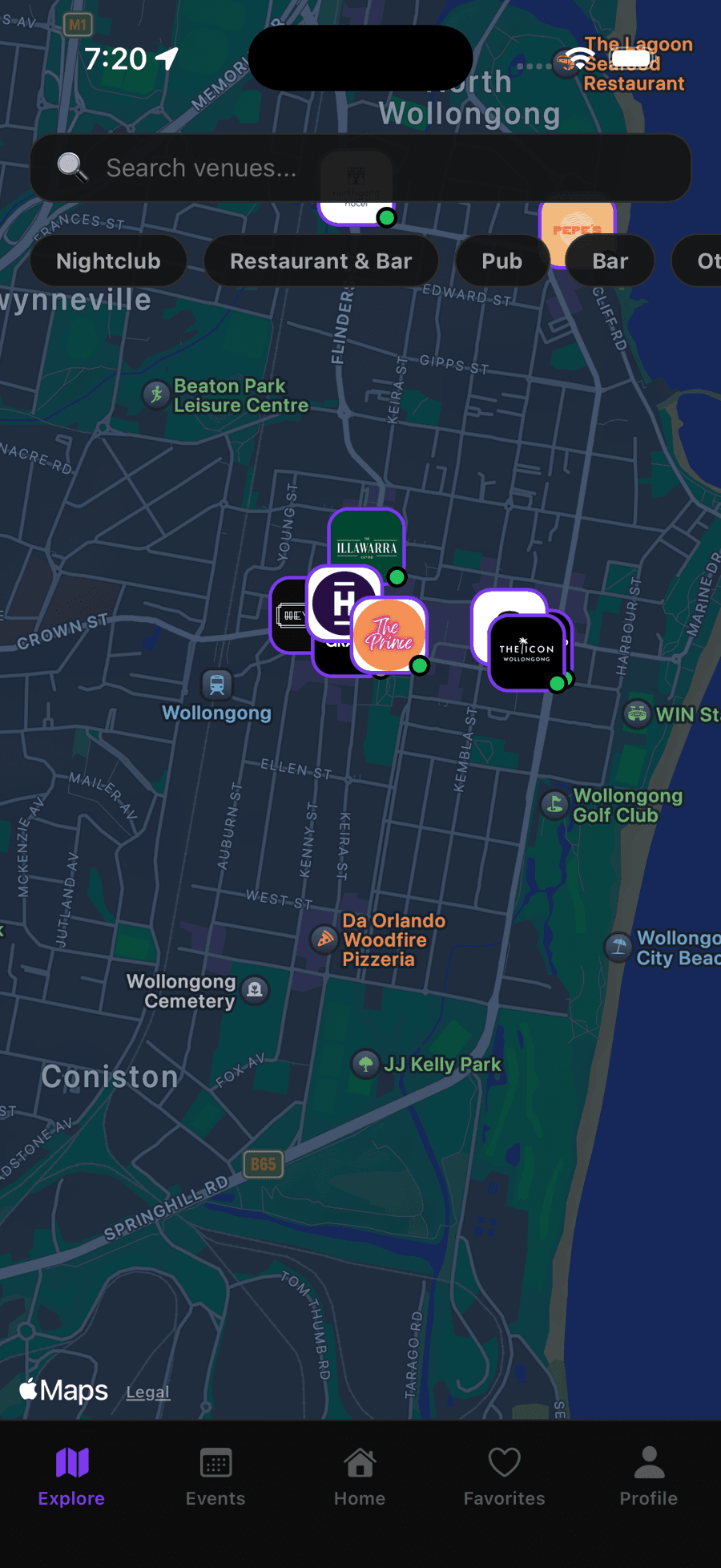 PubCam map of Wollongong showing venue pins with their logos and filter chips for nightclub, restaurant and bar, pub and bar