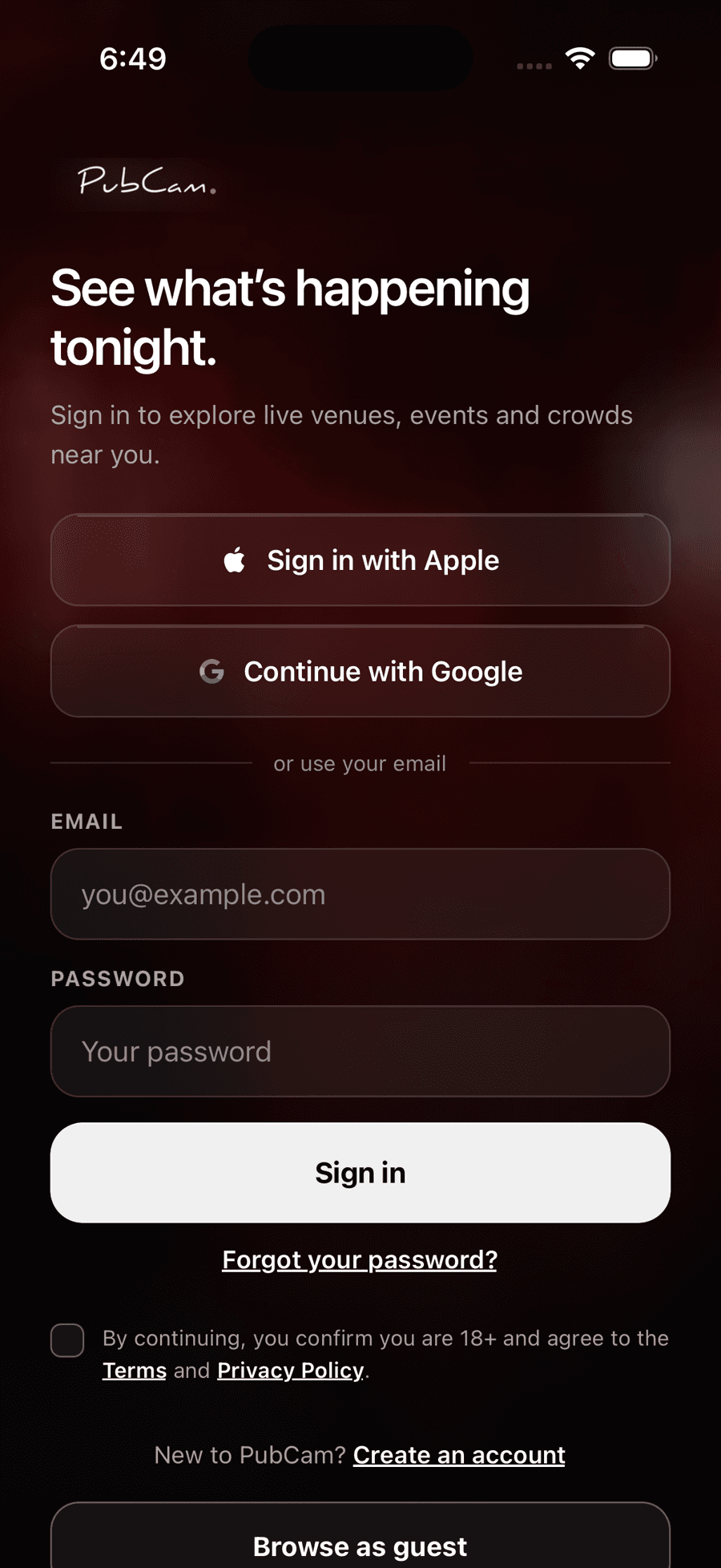 PubCam sign-in screen offering Apple, Google and email sign-in over a darkened venue clip, with a guest option
