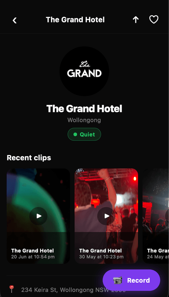 PubCam venue screen for The Grand Hotel with a live crowd-level pill and recent clips