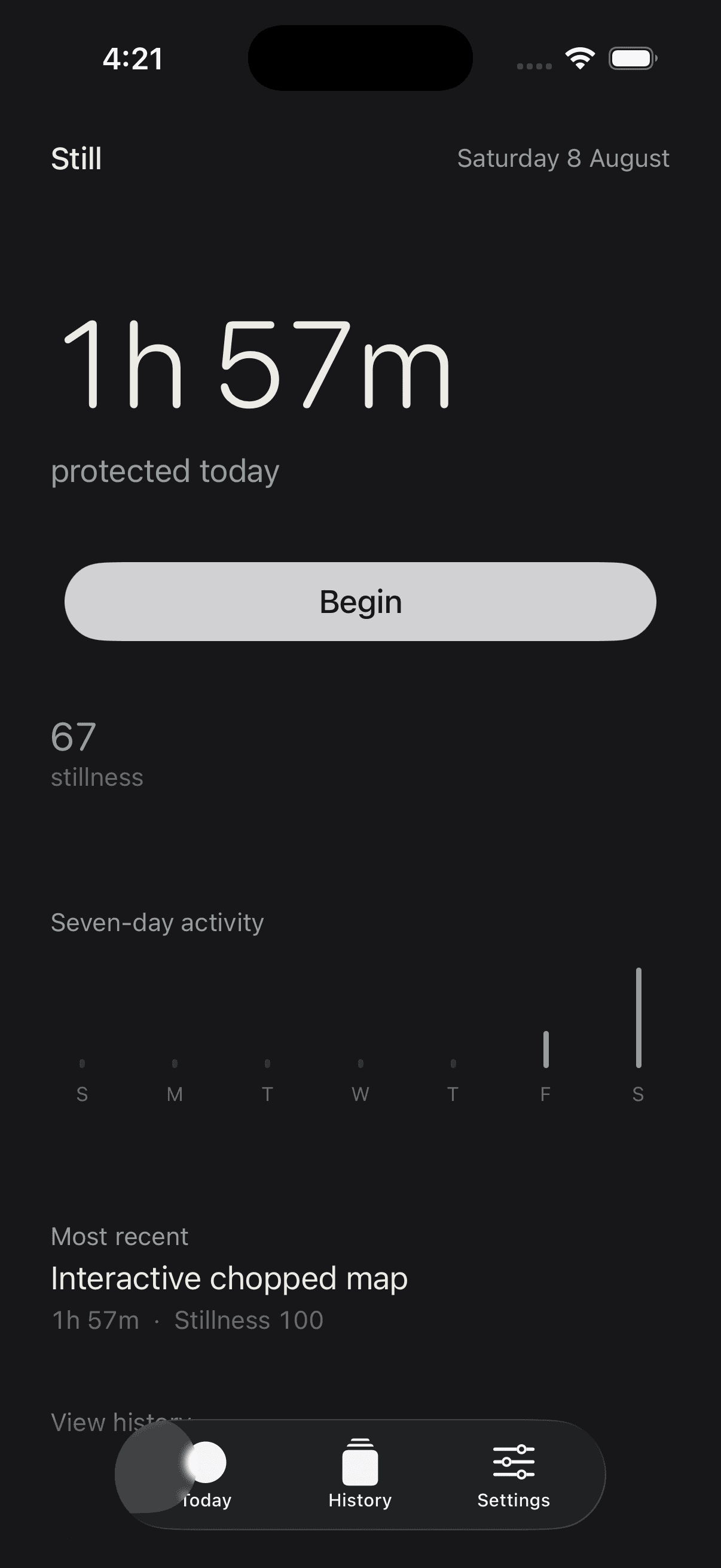 Still's Today screen showing protected focus time, a stillness score and seven-day activity
