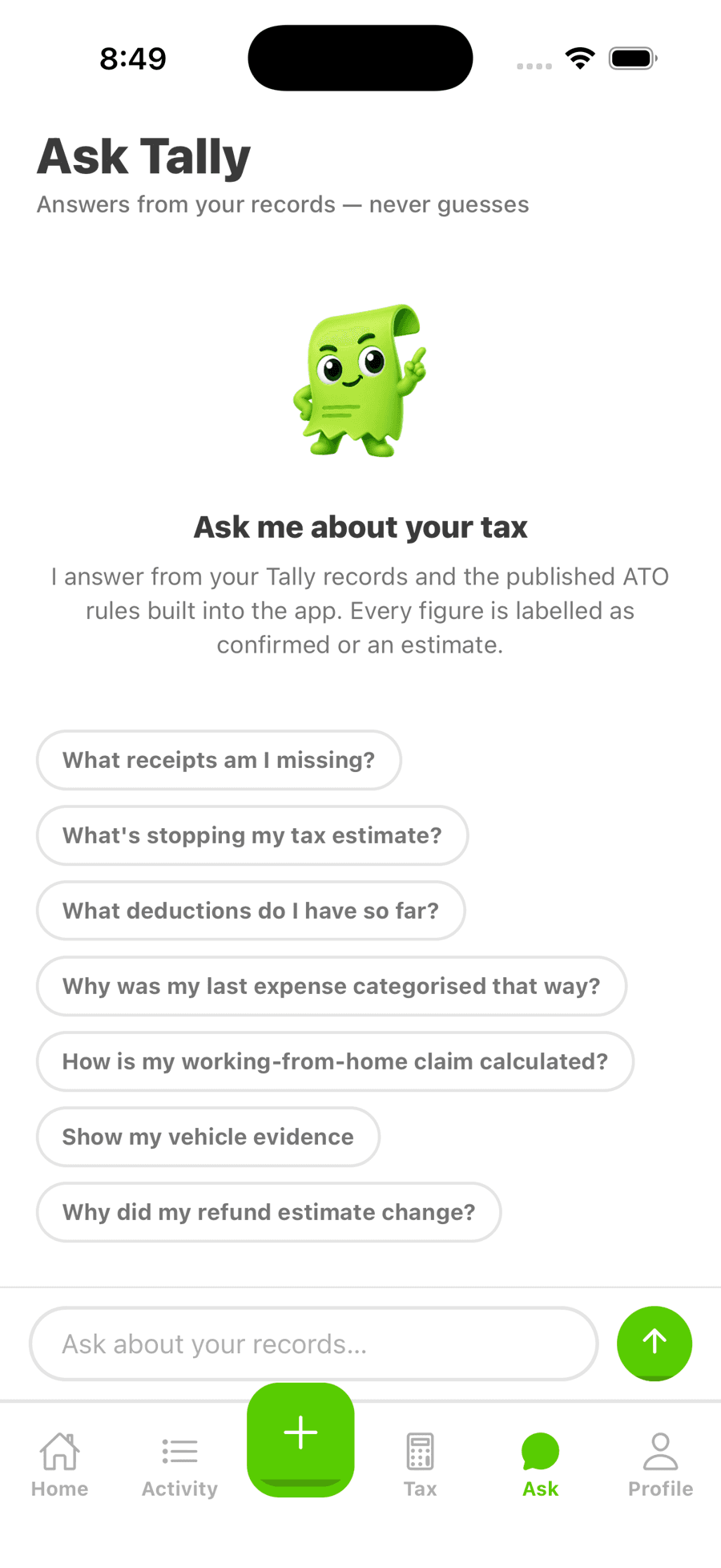 Tally's Ask screen offering questions such as what receipts am I missing and what deductions do I have so far