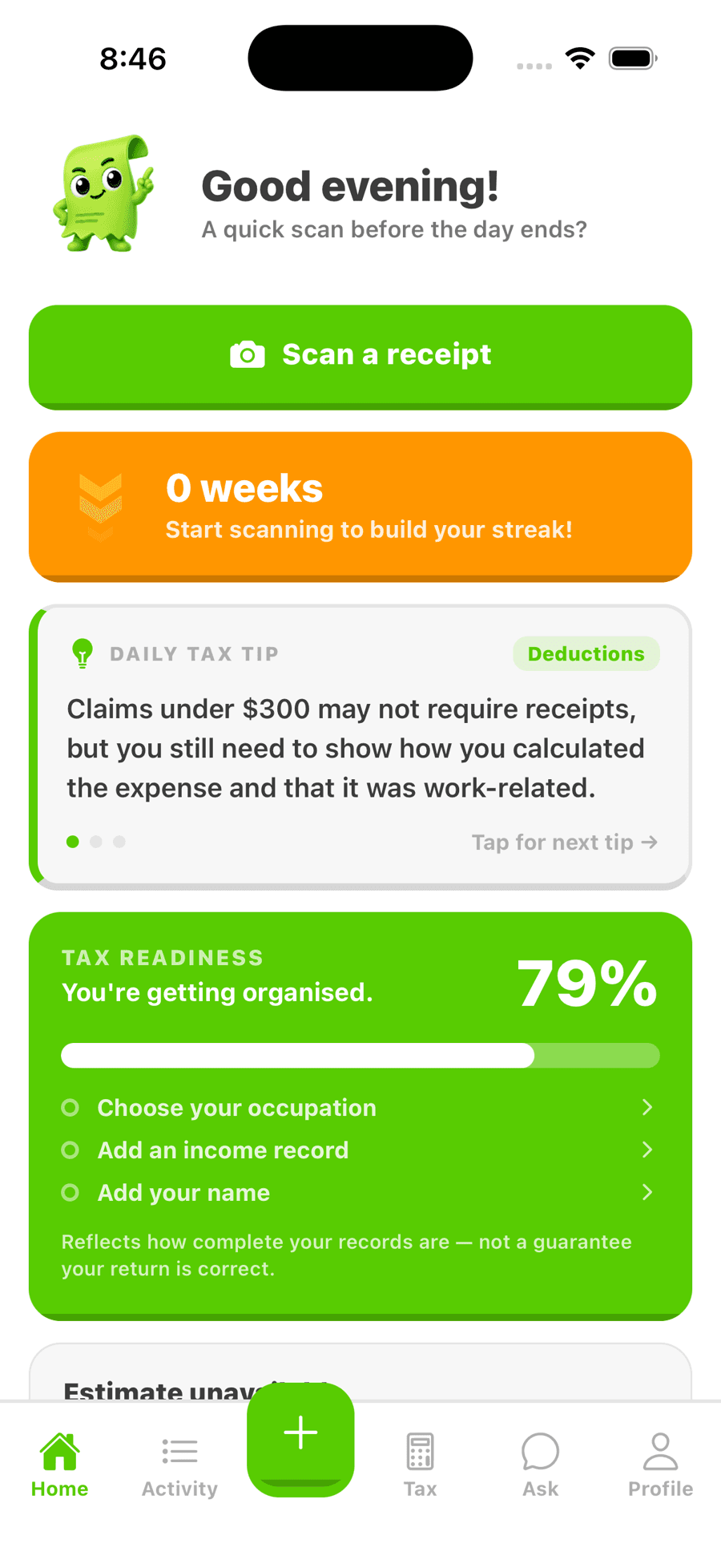 Tally's home screen with a scan-a-receipt action, a daily tax tip and a tax-readiness score of 79 per cent