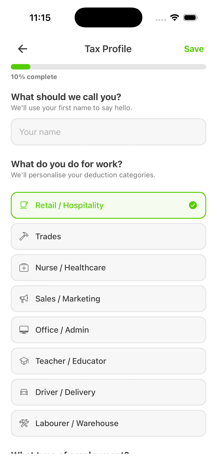 Tally's tax profile asking what you do for work, with occupation options from retail and trades to teaching and delivery, one selected