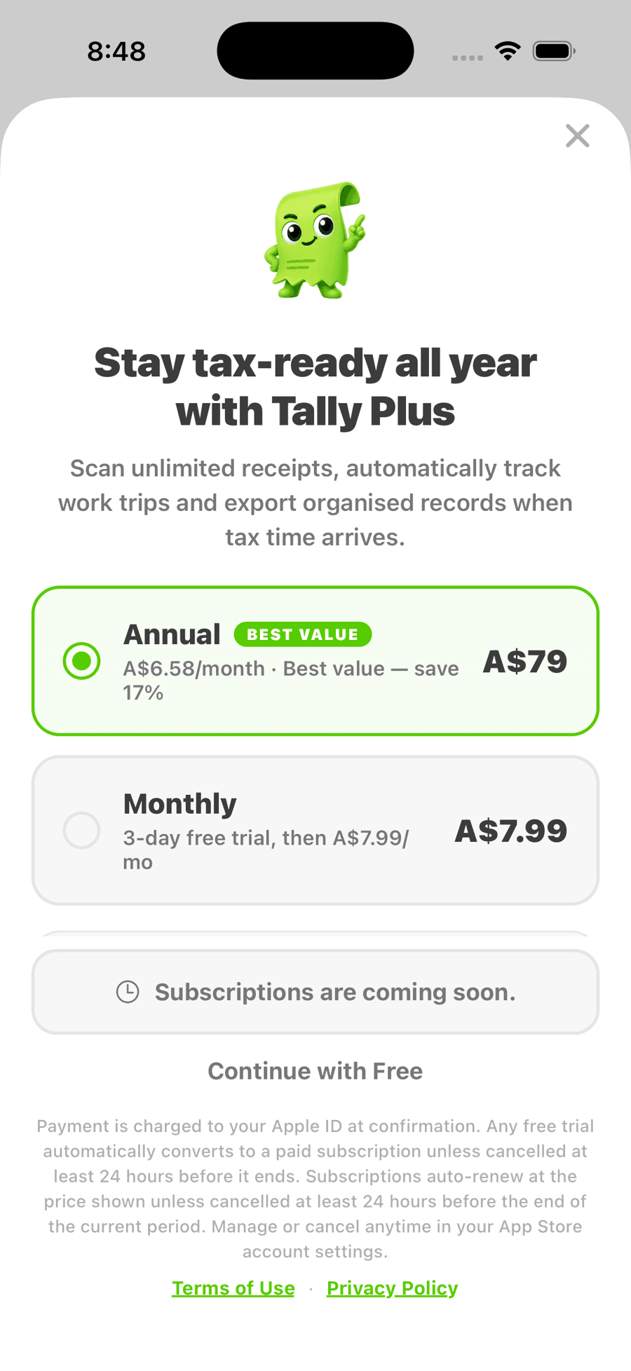 Tally Plus subscription screen showing annual and monthly pricing in Australian dollars