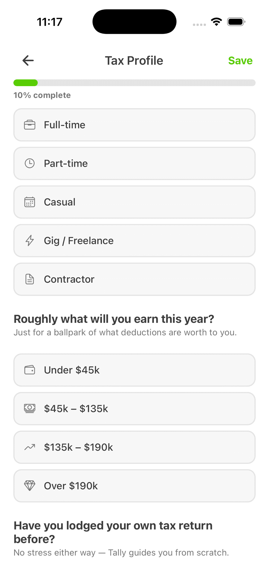 Tally asking employment type and expected earnings in plain language, with options such as casual, gig or freelance, and income bands