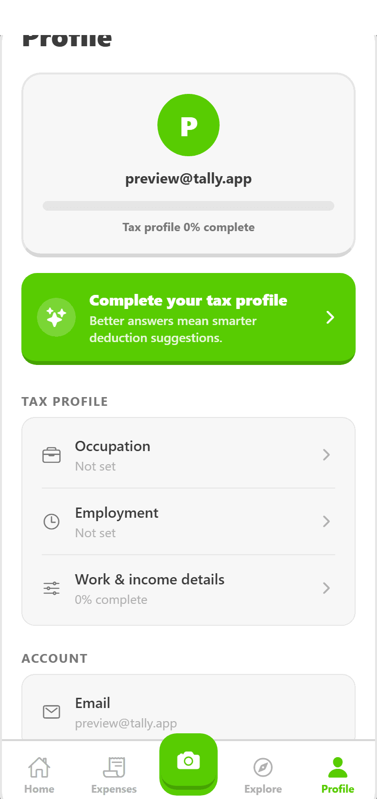 Tally profile screen showing tax profile completion and account details