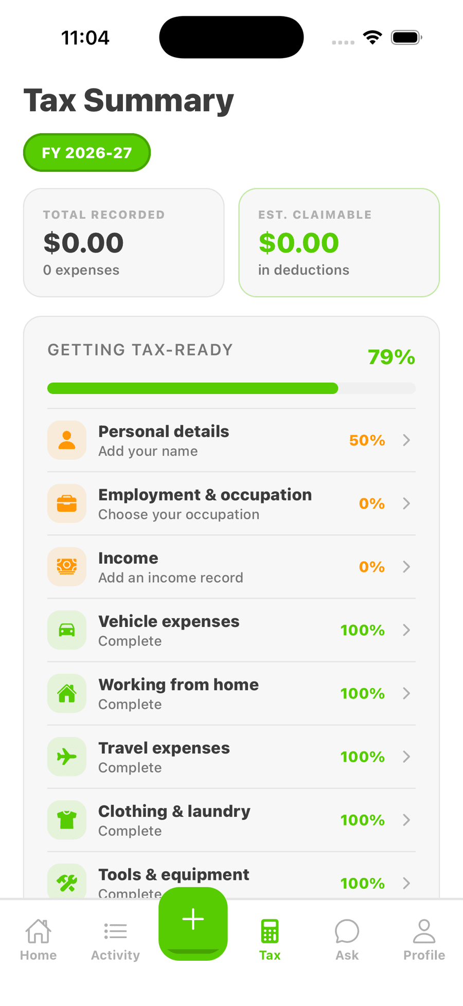 Tally's tax summary listing readiness by category — vehicle, working from home, travel, clothing and tools — each with its own completion percentage